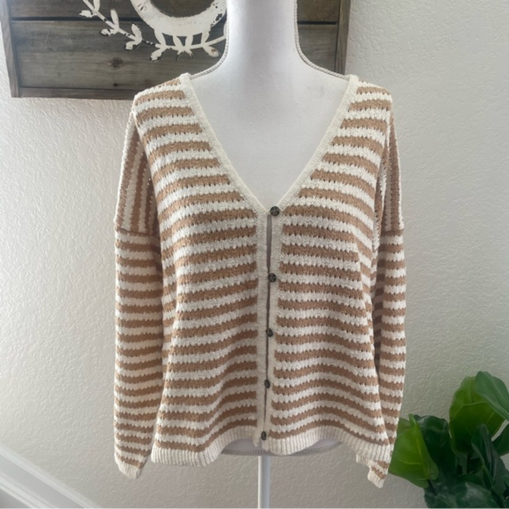 Madewell striped cotton cardigan tan cream size 1X NWT